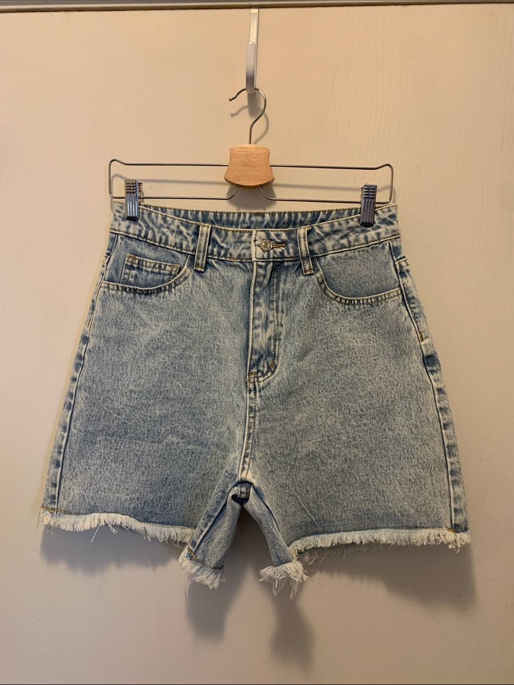 SHEIN Light Blue High-Rise Frayed Hem Denim Shorts